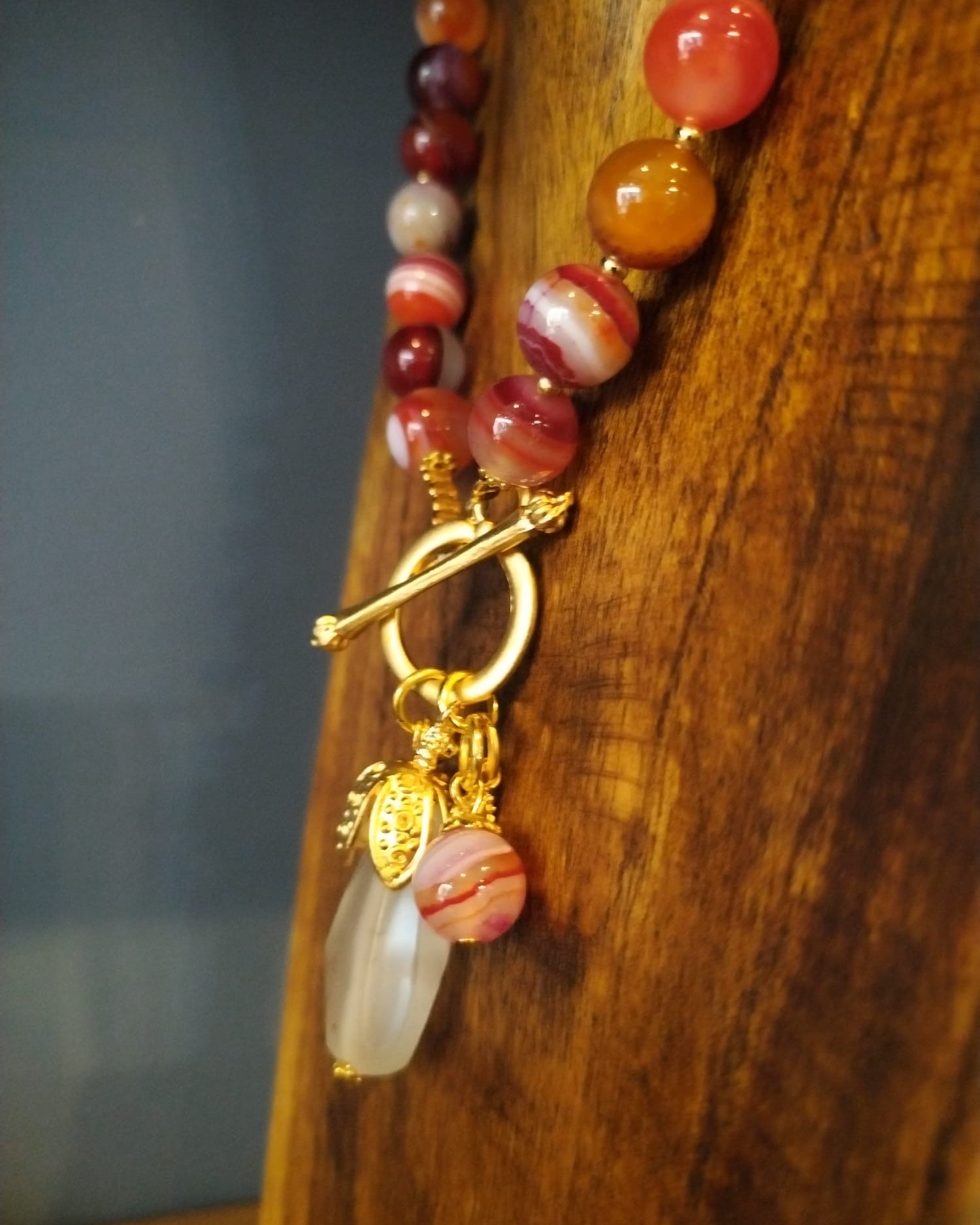 Red Agate Necklace with Quartz Charm and Gold Details 42cm
