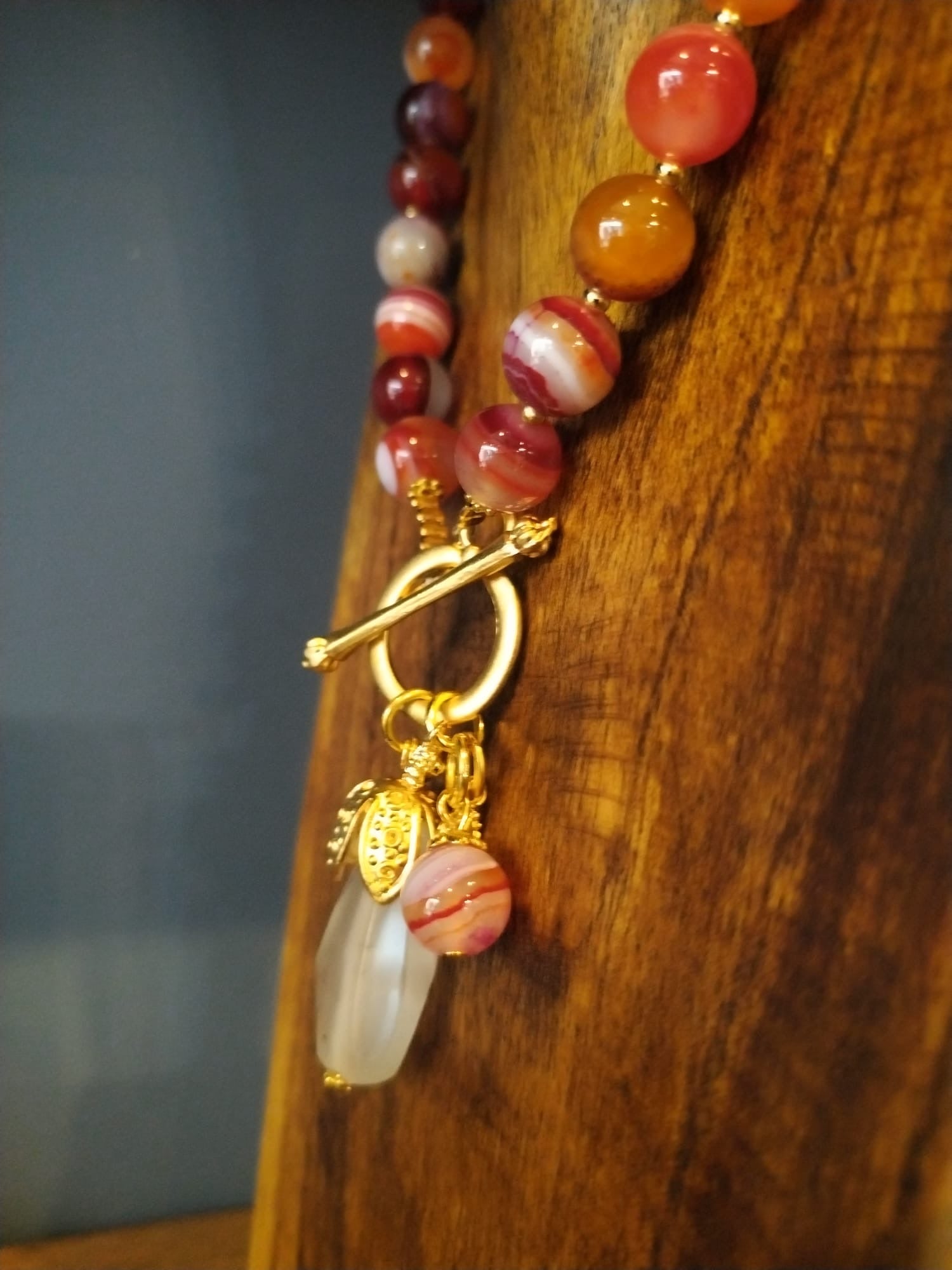 Red Agate Necklace with Quartz Charm and Gold Details 42cm