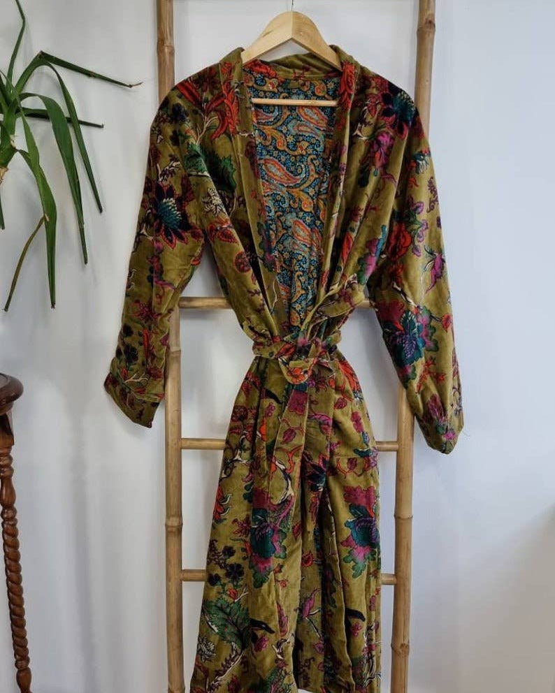 Luxury Velvet Robe Unisex - Olive green floral