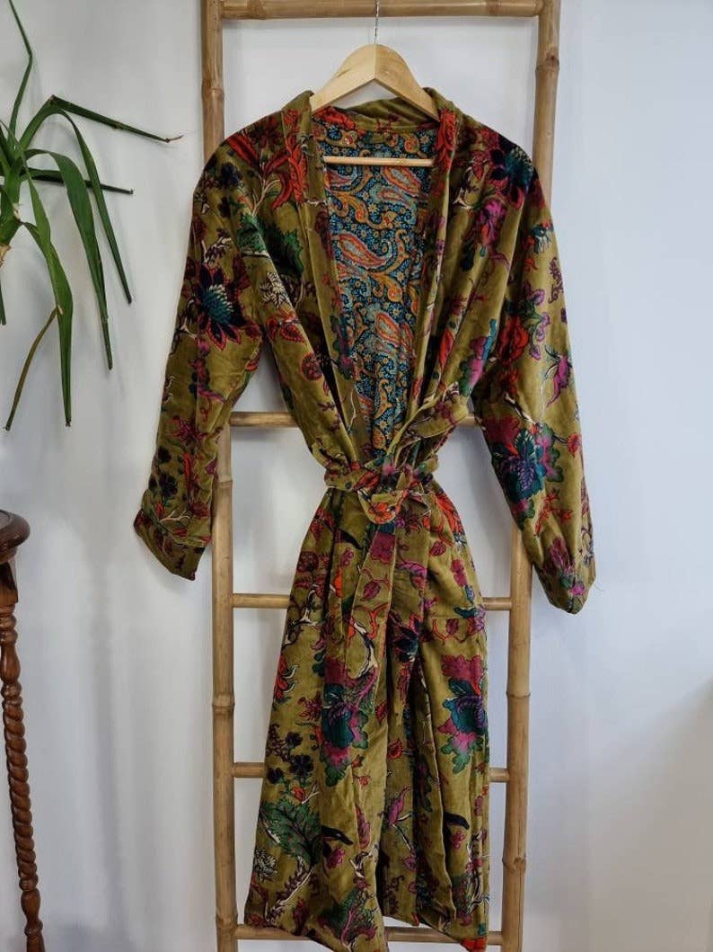 Luxury Velvet Robe Unisex - Olive green floral