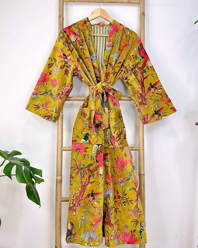 Luxury Velvet Robe Gold & Pink Exotic Birds Paradise