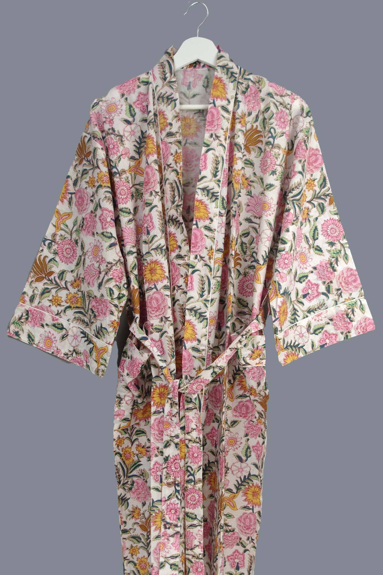 Cotton Kimono Dressing Gown with Pink and Gold Wildflowers