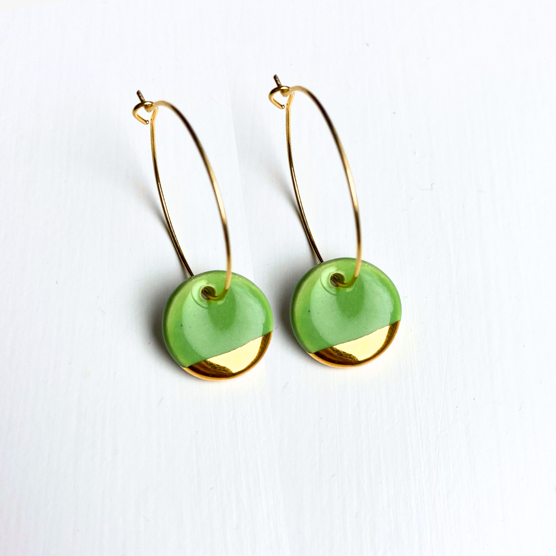 New Hoop Earrings with Light Green Circle Charms With Gold