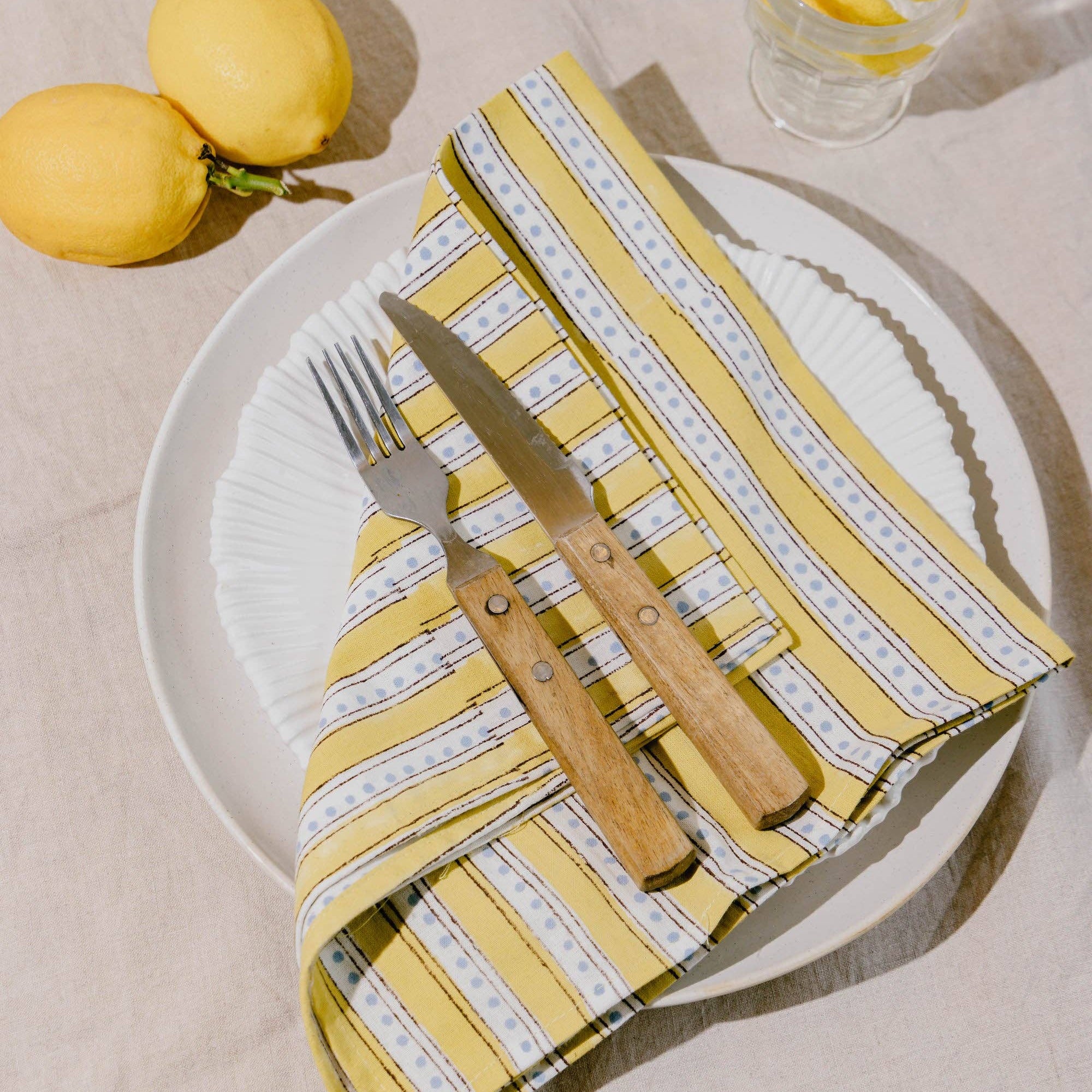 Mini Stripe & Spot Block Print Napkins Set of 4 Butter Yellow & Sky Blue