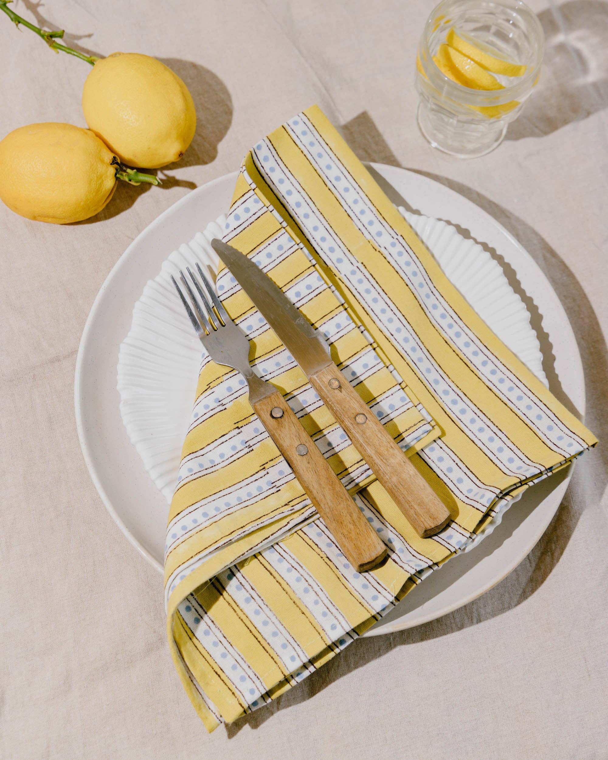 Mini Stripe & Spot Block Print Napkins Set of 4 Butter Yellow & Sky Blue