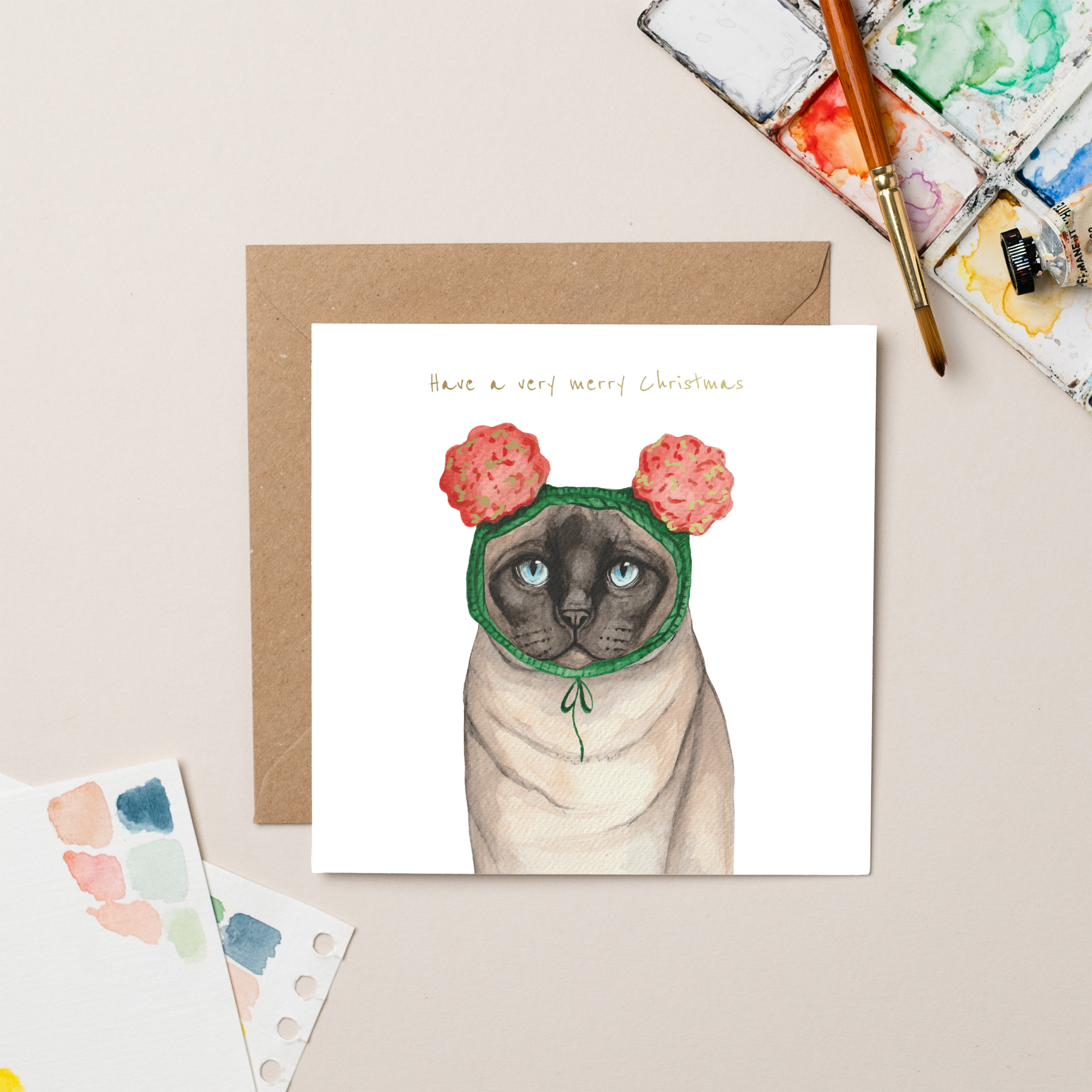 Burmese Cat Christmas Card with Woolly Hat by Lil Wabbit