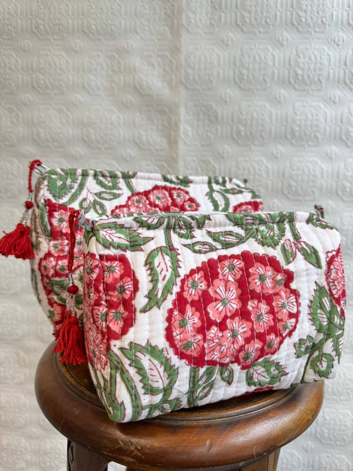 Red Hydrangea Quilted Wash Bag Set of Three