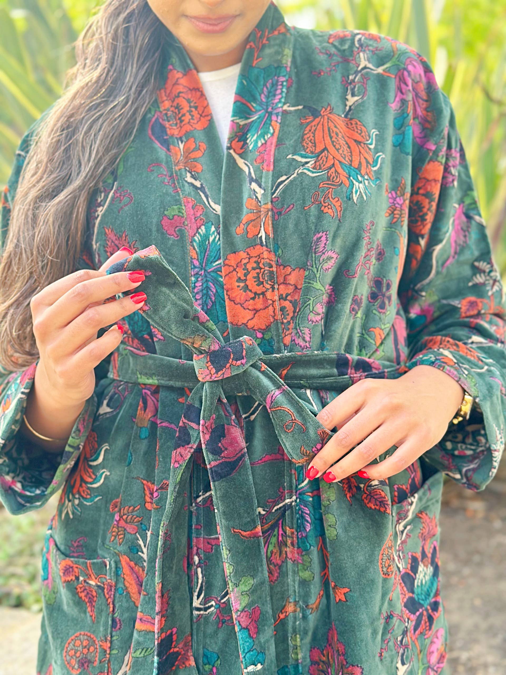 Luxury Velvet Robe - Rich Chic Emerald Green Rust Orange