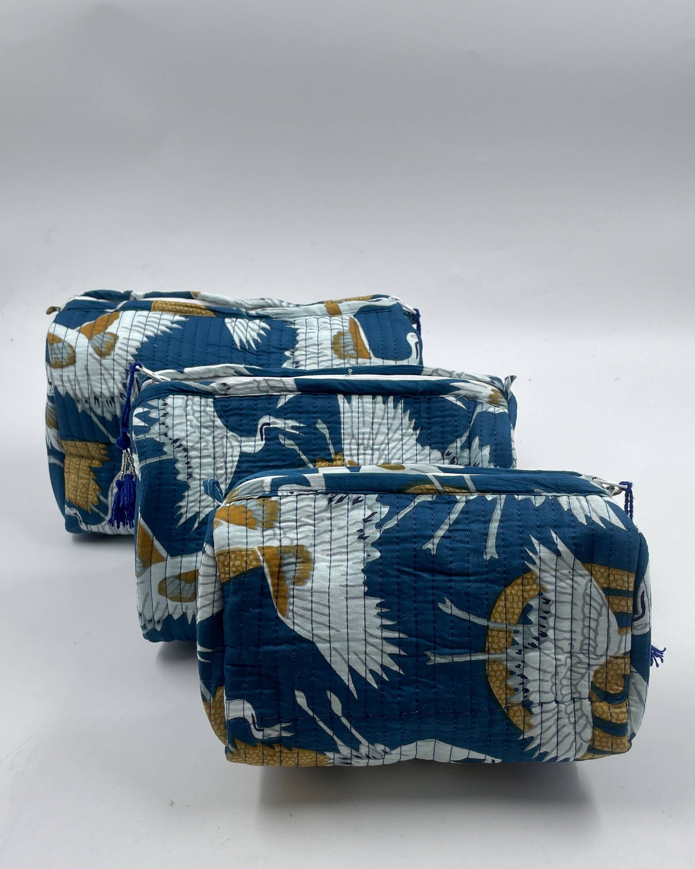 White Crane set of 3 cotton quilted wash bags