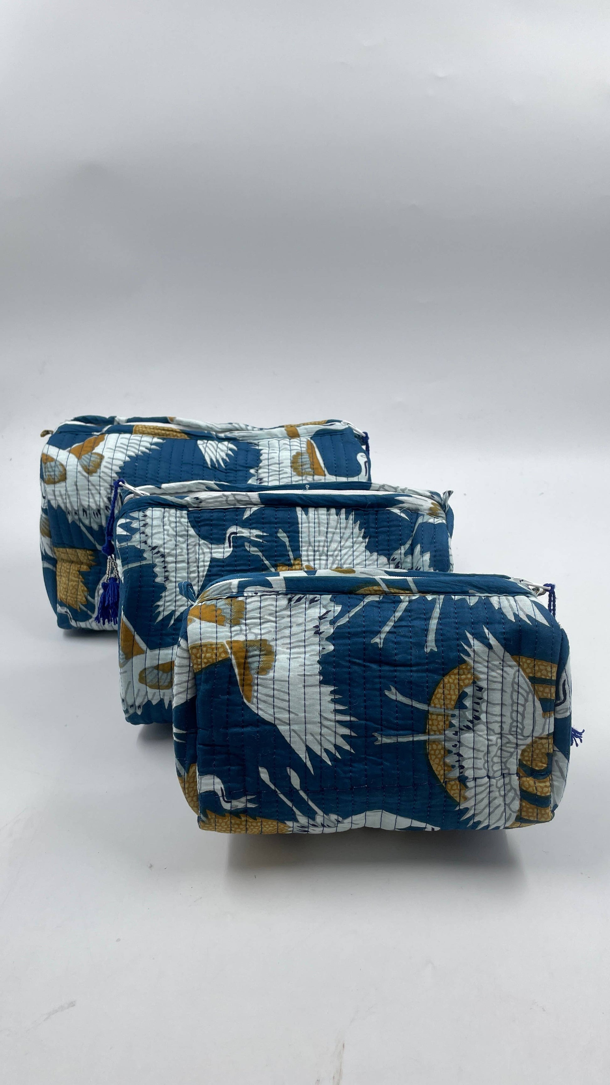 White Crane set of 3 cotton quilted wash bags