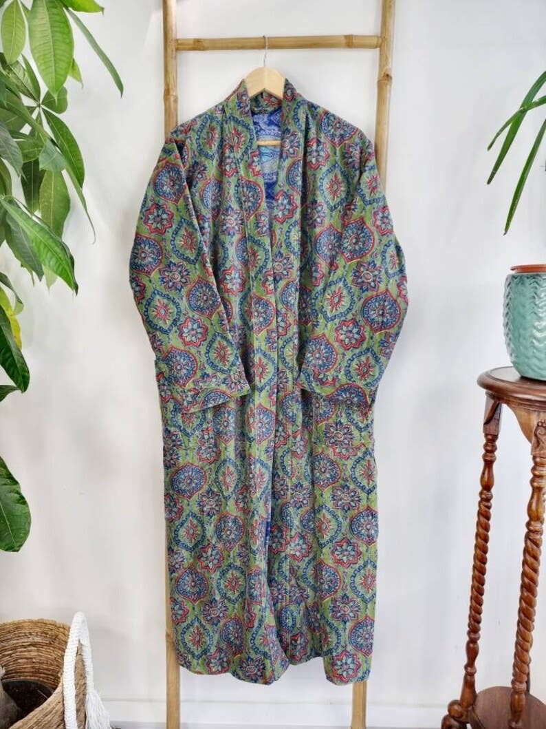 Luxury Velvet  Robe - Fresh Leaf Green Blue Mandala Geometric