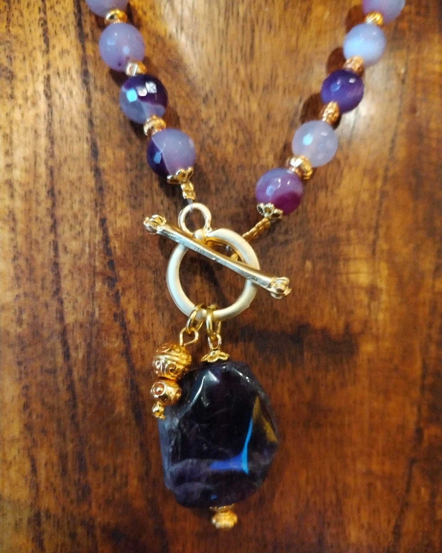 Agate with Amethyst  stone charm and Gold Necklace