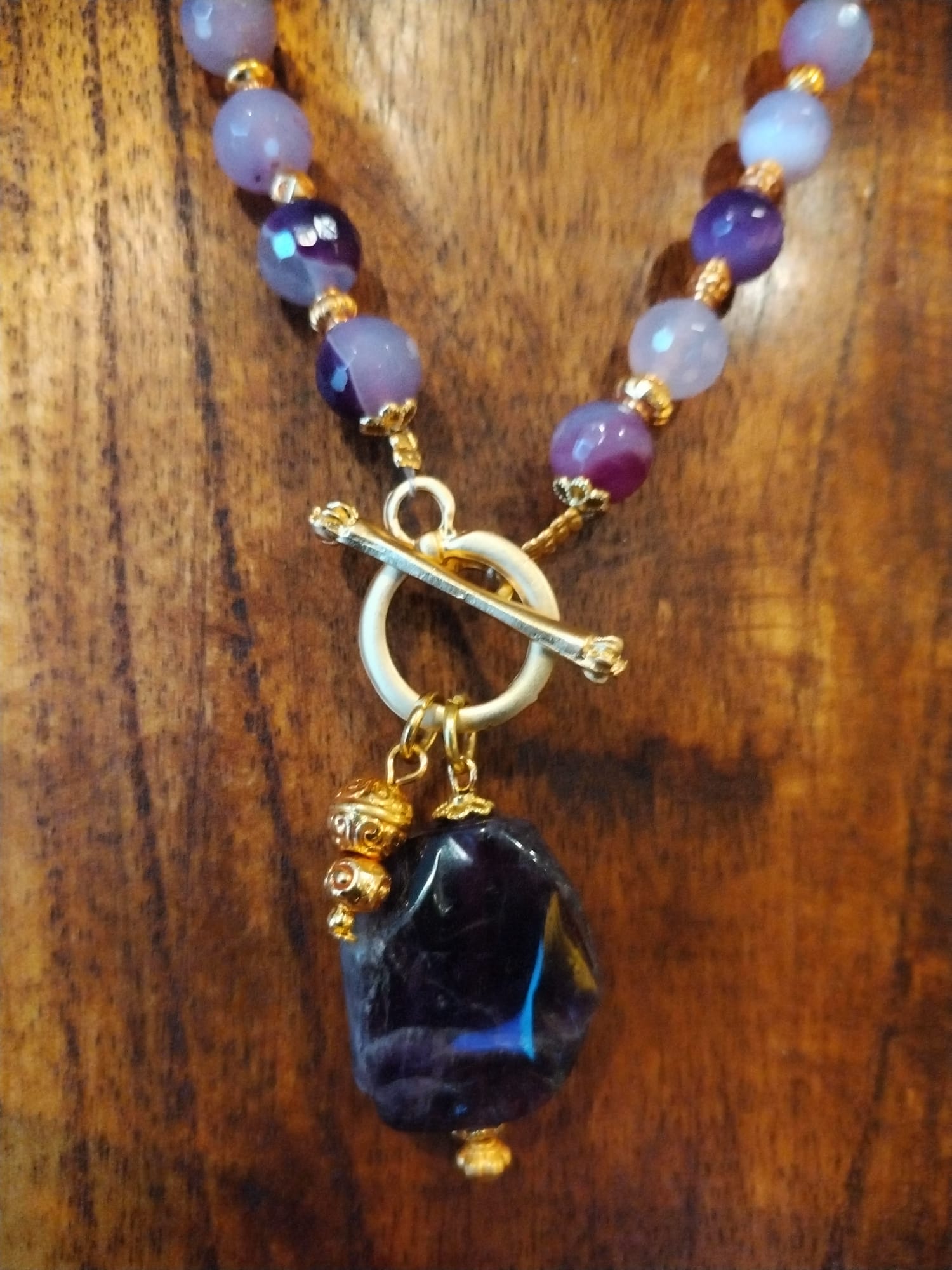 Agate with Amethyst  stone charm and Gold Necklace