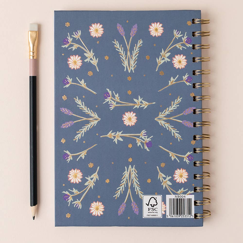 A5 Notebook Blue Floral Hardback Gold Foil