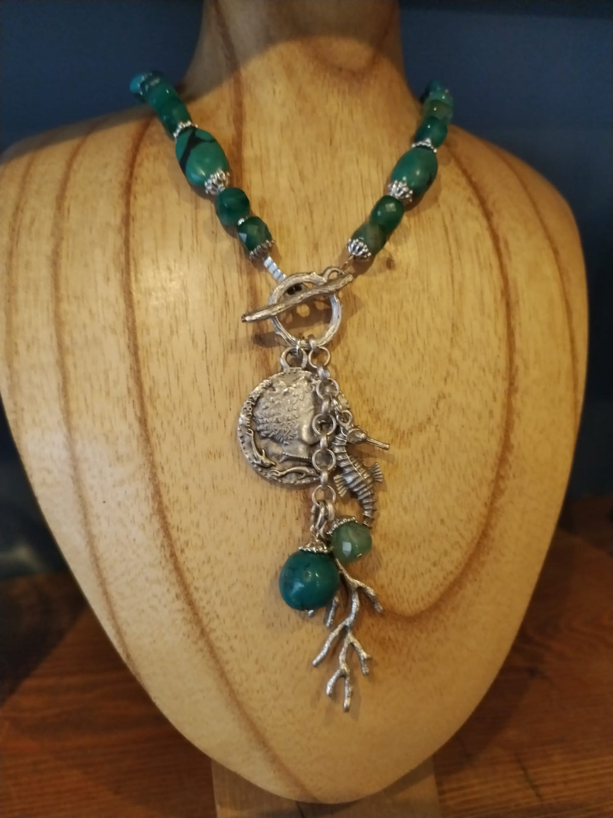 Natural Turquoise and Green Quartz Necklace with Silver Charms