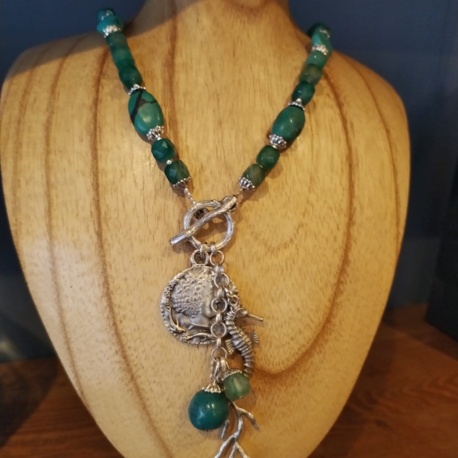 Natural Turquoise and Green Quartz Necklace with Silver Charms