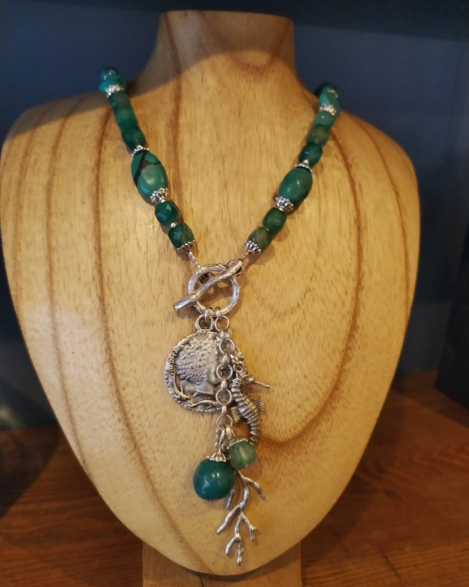 Natural Turquoise and Green Quartz Necklace with Silver Charms