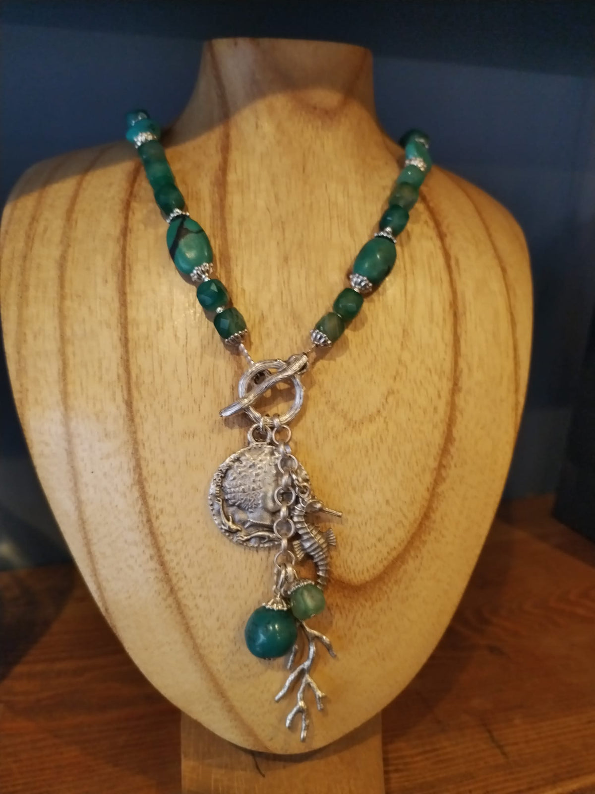 Natural Turquoise and Green Quartz Necklace with Silver Charms