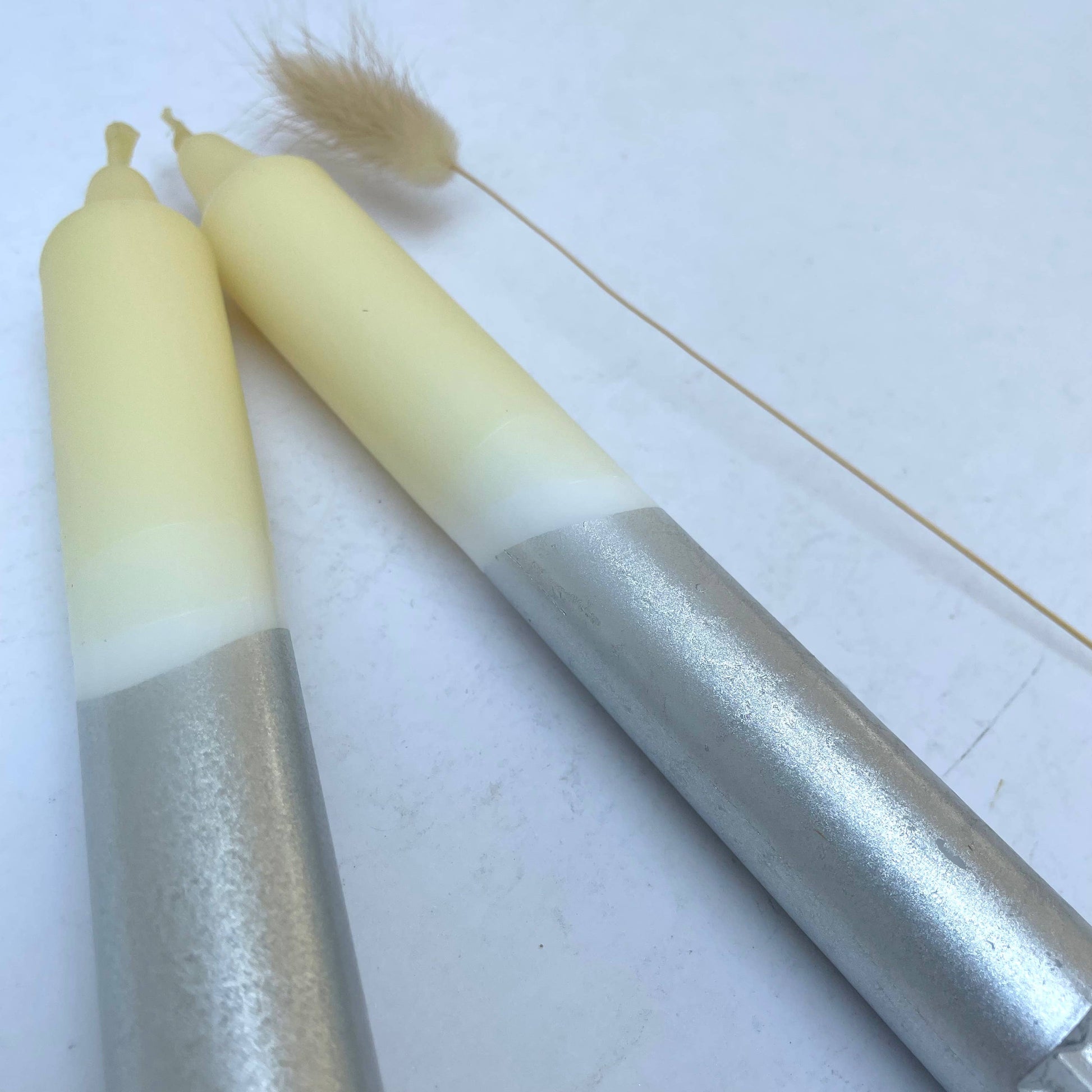Hawthorn Blossom & Silver Dip Dyed Dinner Candles - Set of 2