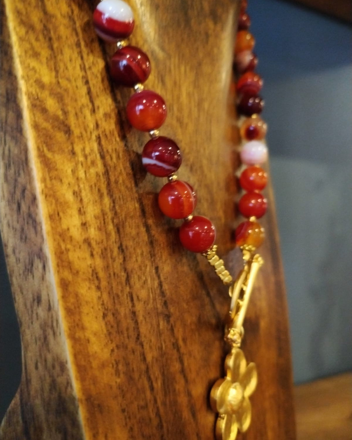 Timeless Red Banded Agate Necklace – With Flower Charm