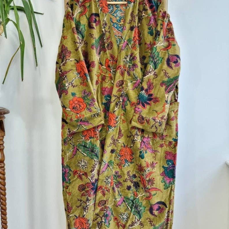 Luxury Velvet Robe Unisex - Olive green floral