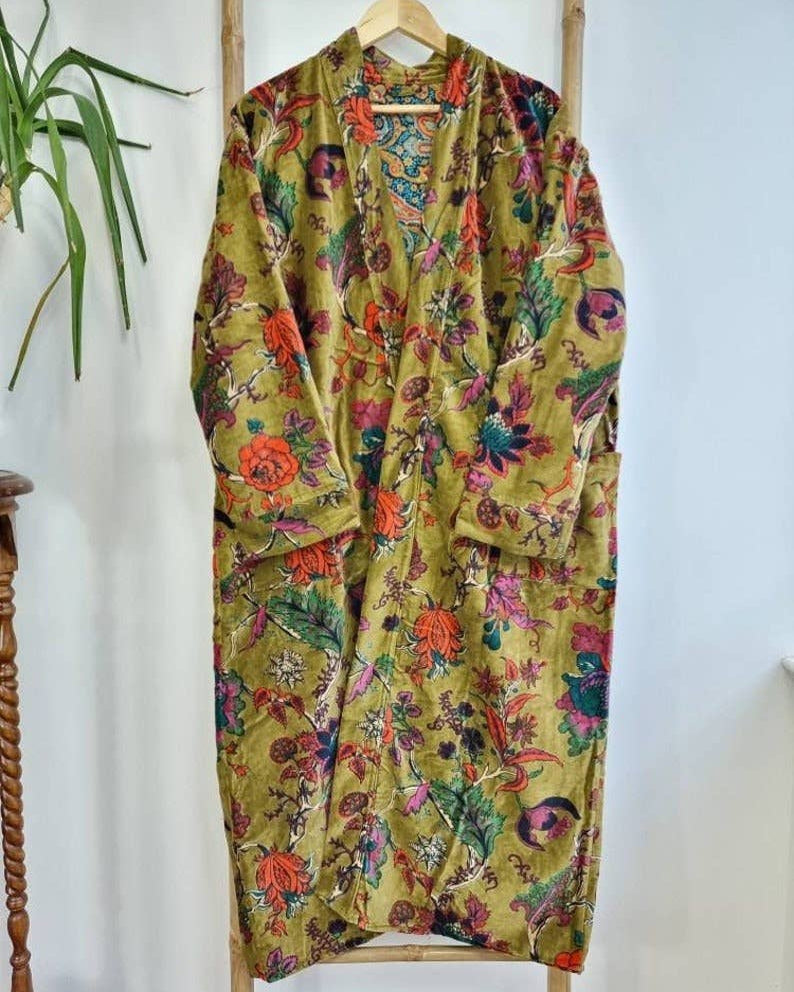 Luxury Velvet Robe Unisex - Olive green floral