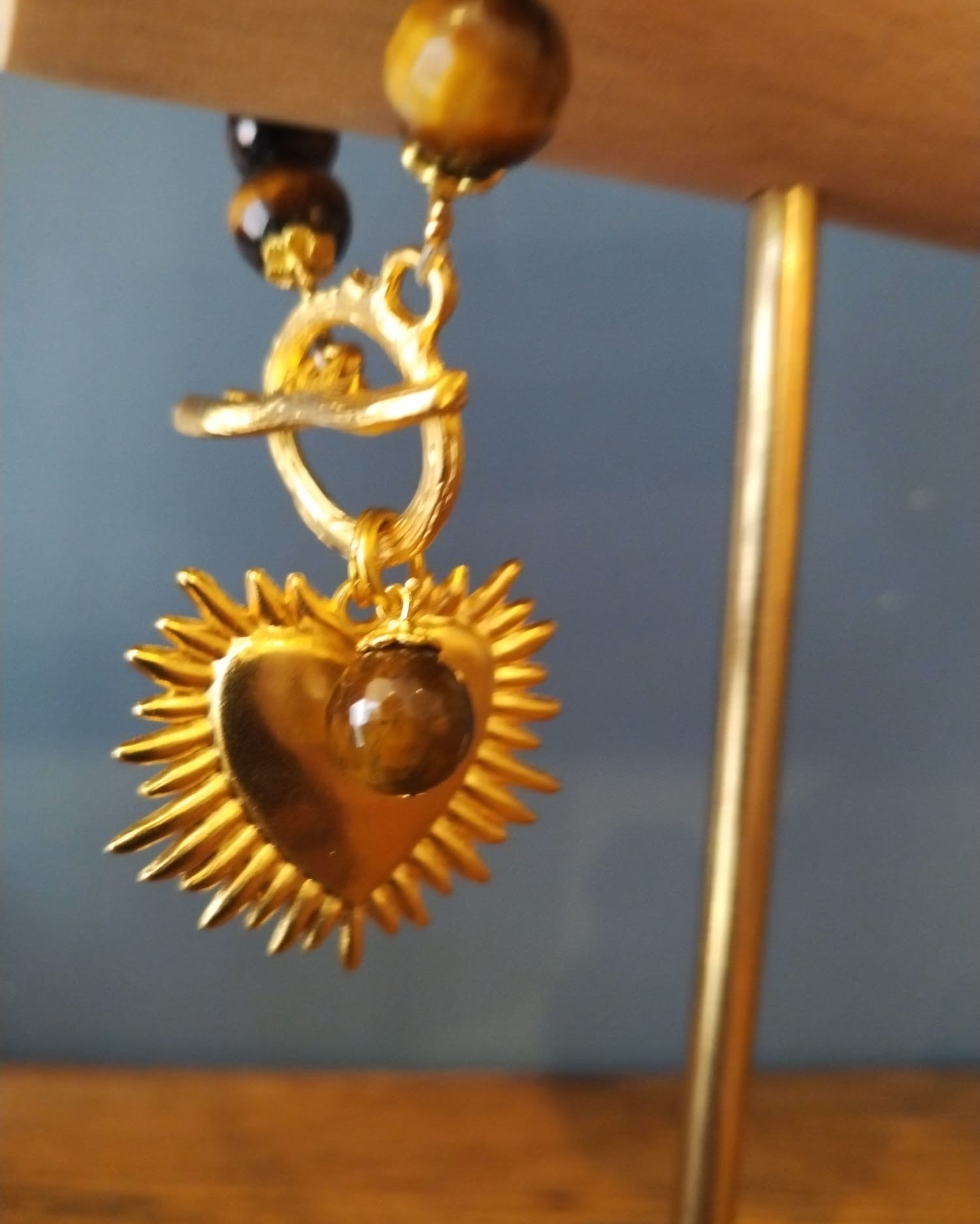 Tiger’s Eye Bracelet with flaming heart Handmade  – 19cm