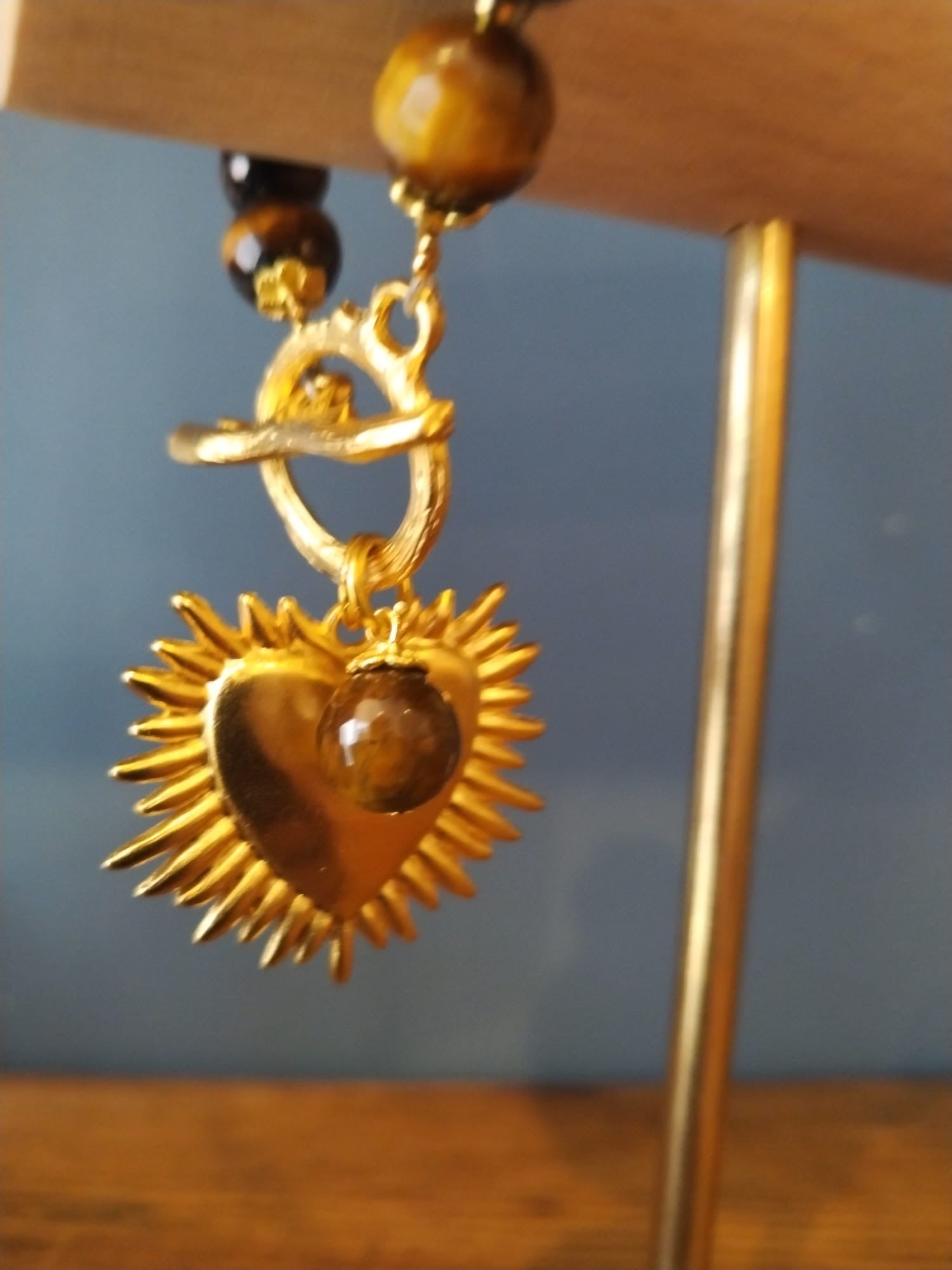 Tiger’s Eye Bracelet with flaming heart Handmade  – 19cm