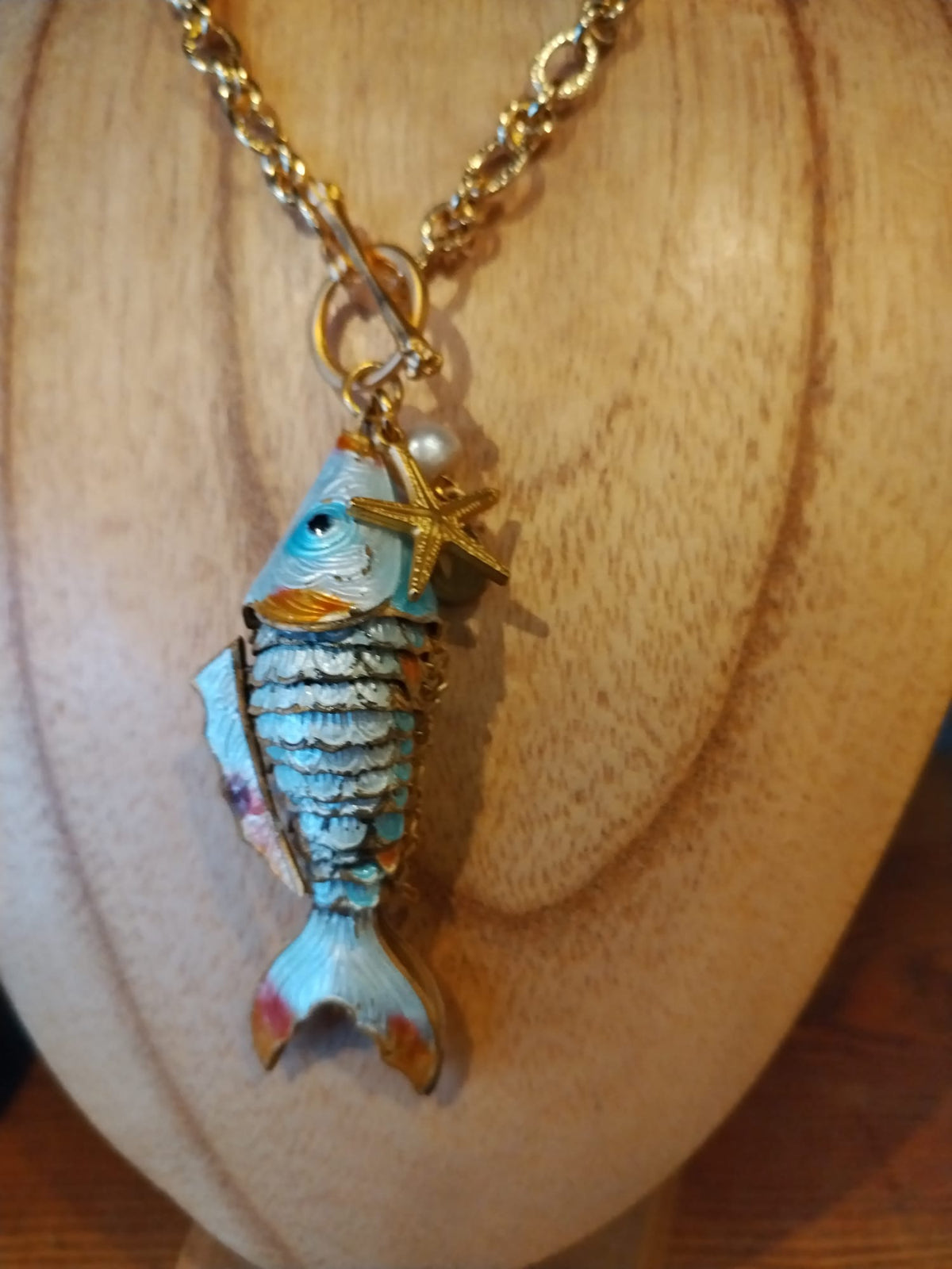 Long Gold Chain Necklace with Enamel Fish Pendant