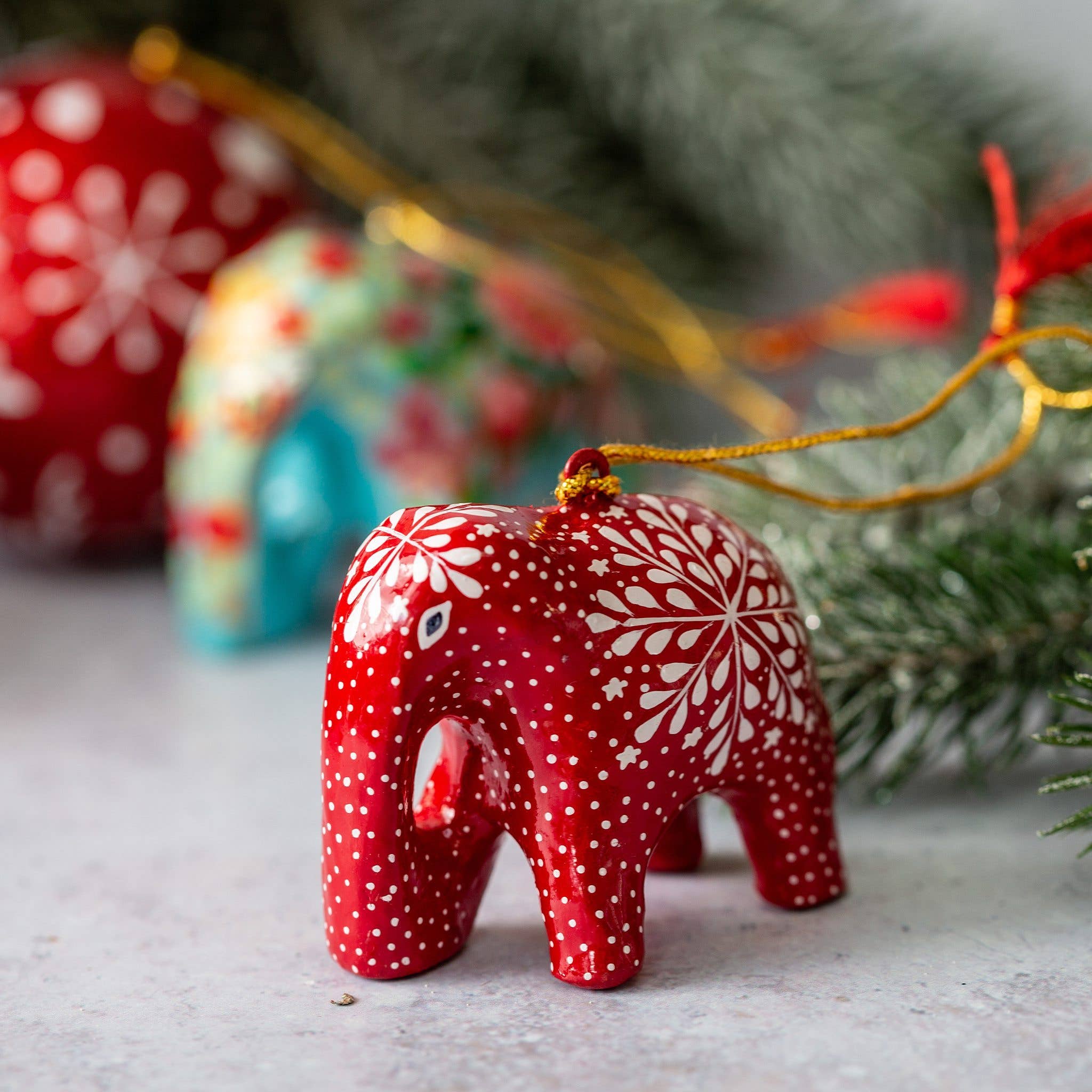 Red Elephant Snowflake Hanging Christmas Ornament
