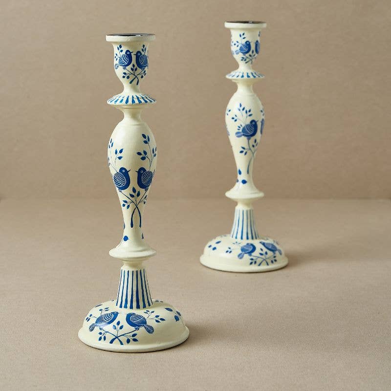 Ivory and Blue Birds Wooden Candlestick Holder Kashmiri Design 12 Inch