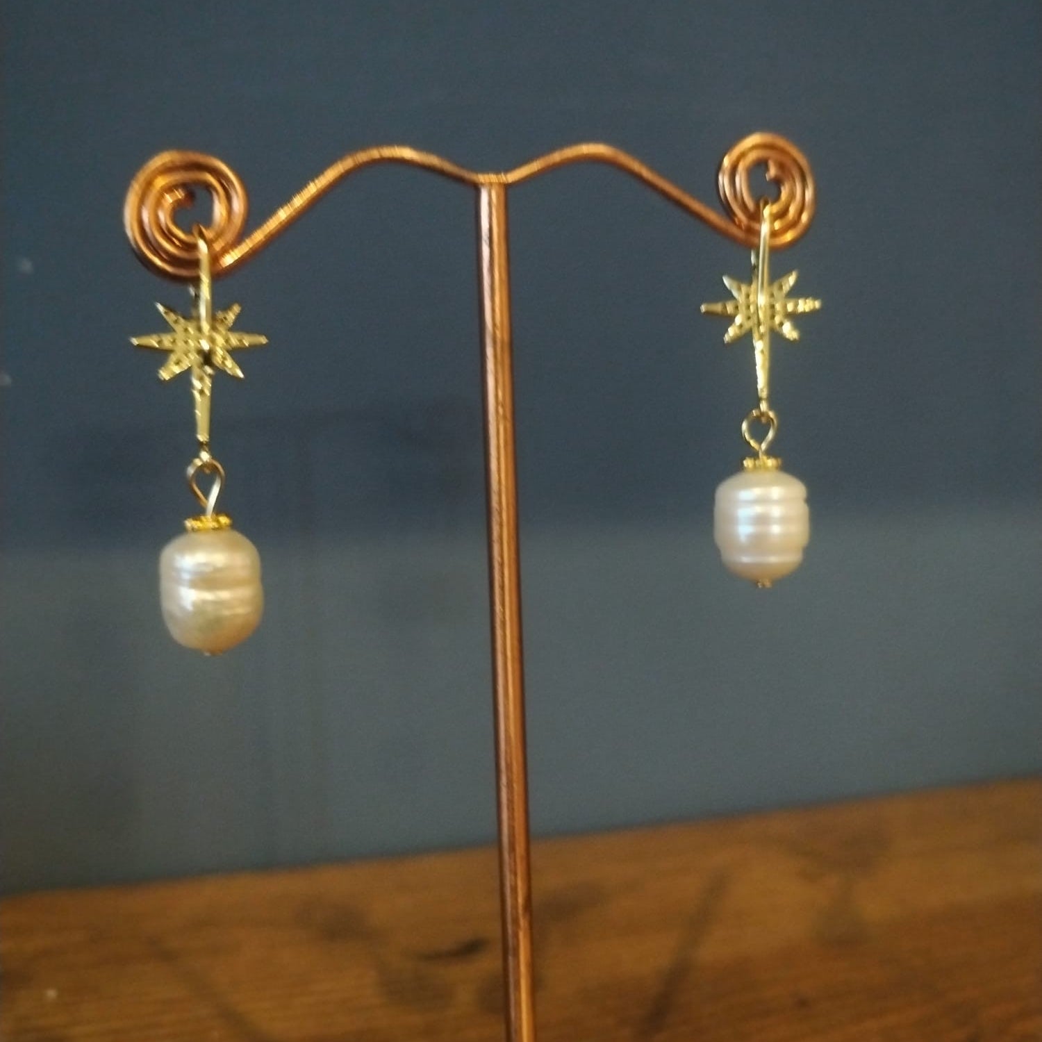 Freshwater Pearl & Gold Star Earrings