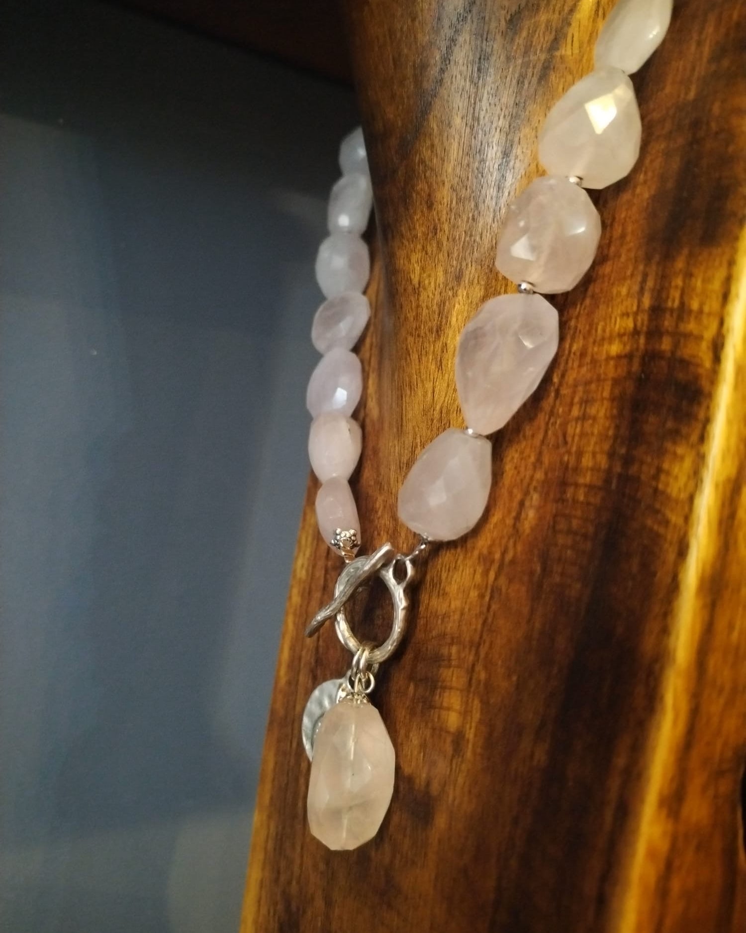 Rose Quartz Chunky Bead and Silver Statement Necklace 42cm