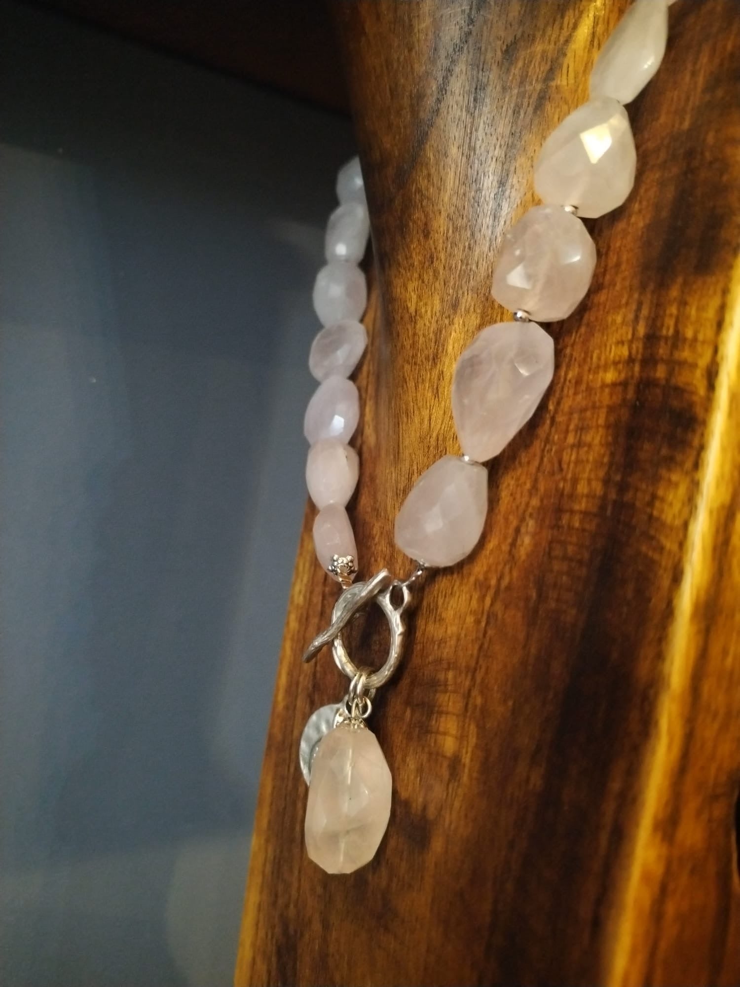 Rose Quartz Chunky Bead and Silver Statement Necklace 42cm