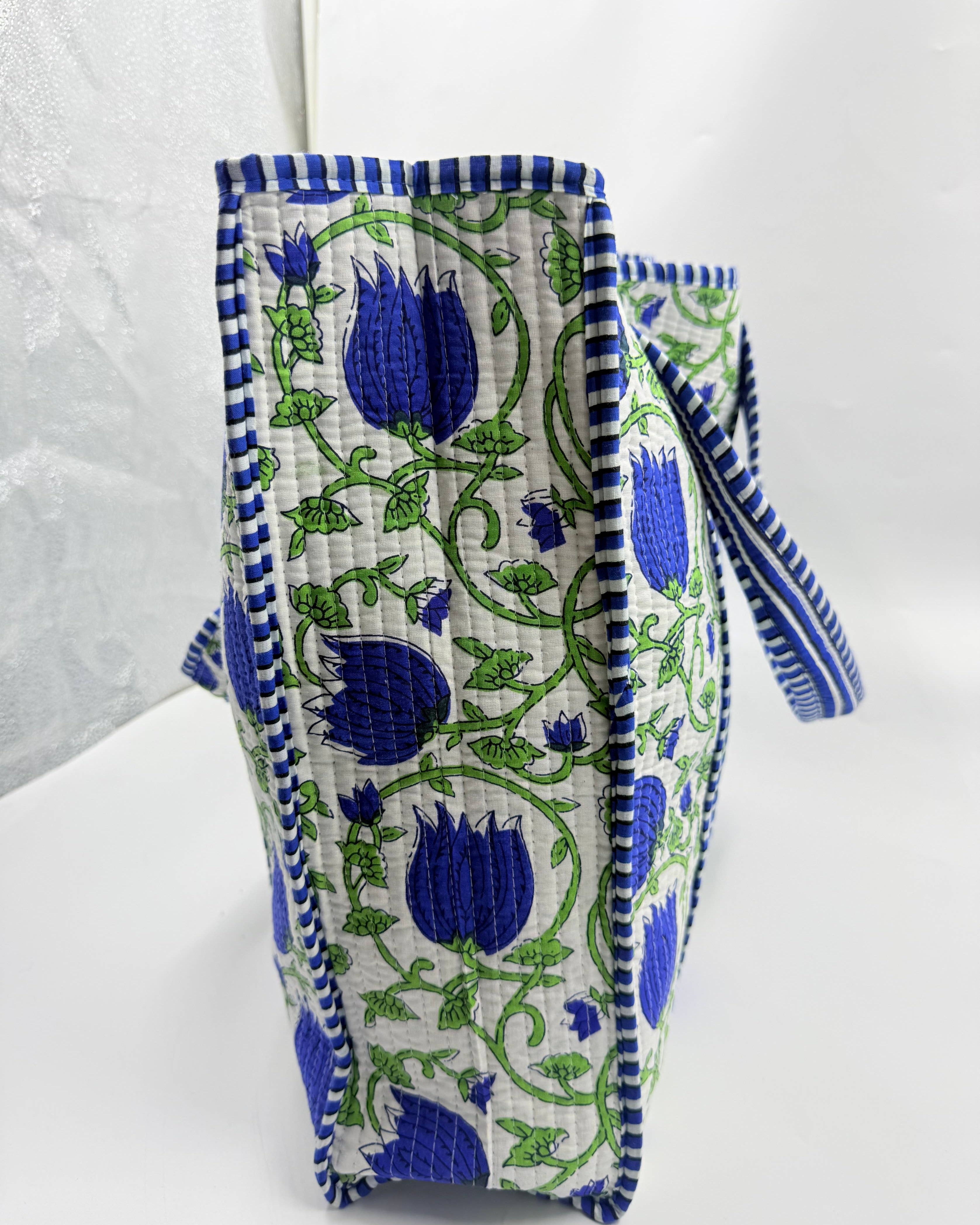 Quilted Cotton Tote Bag with Indigo Floral Print