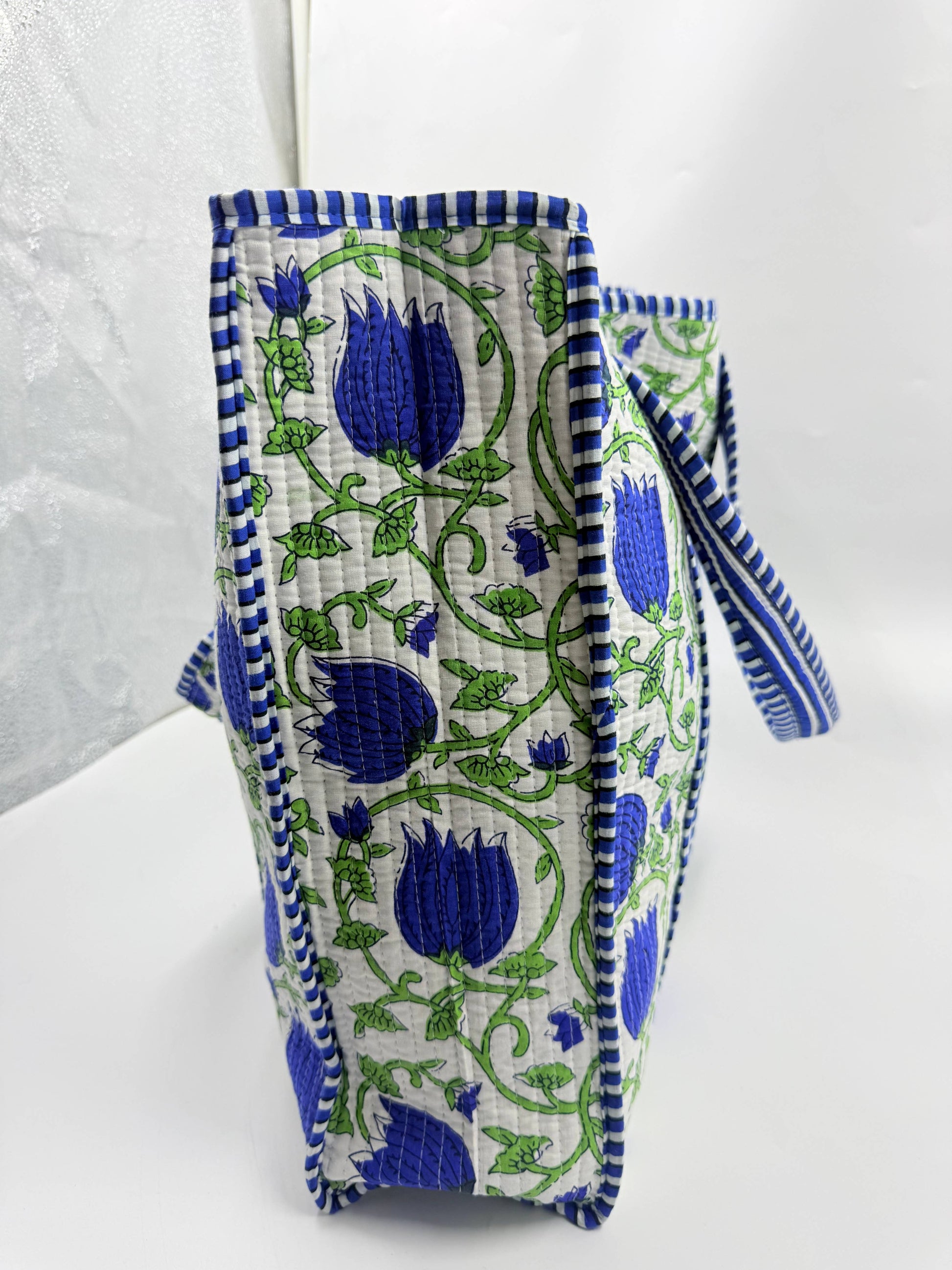 Quilted Cotton Tote Bag with Indigo Floral Print