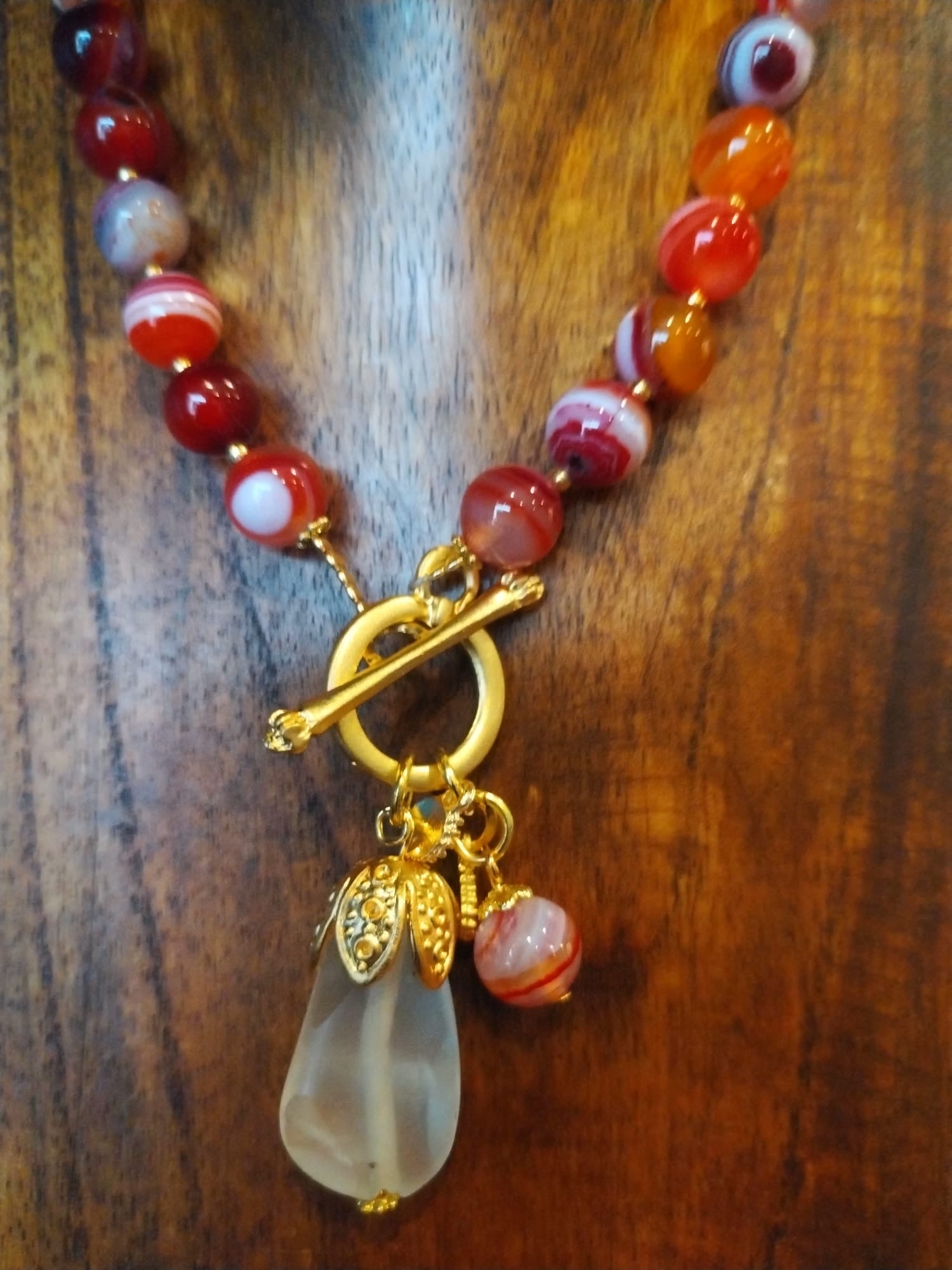 Red Agate Necklace with Quartz Charm and Gold Details 42cm