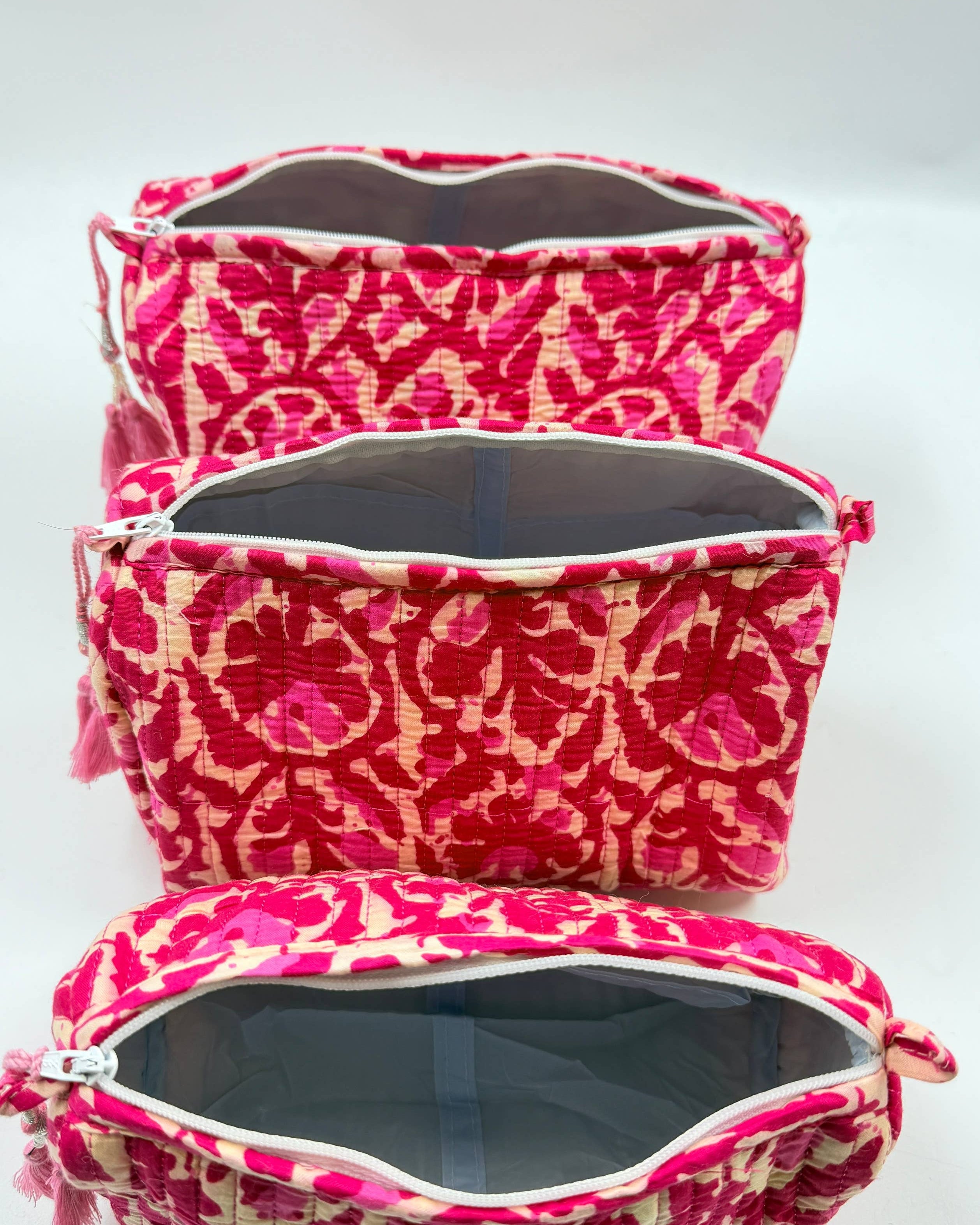 Cerise Pink Cotton Quilted Wash Bags – Set of 3 Makeup & Travel Bags