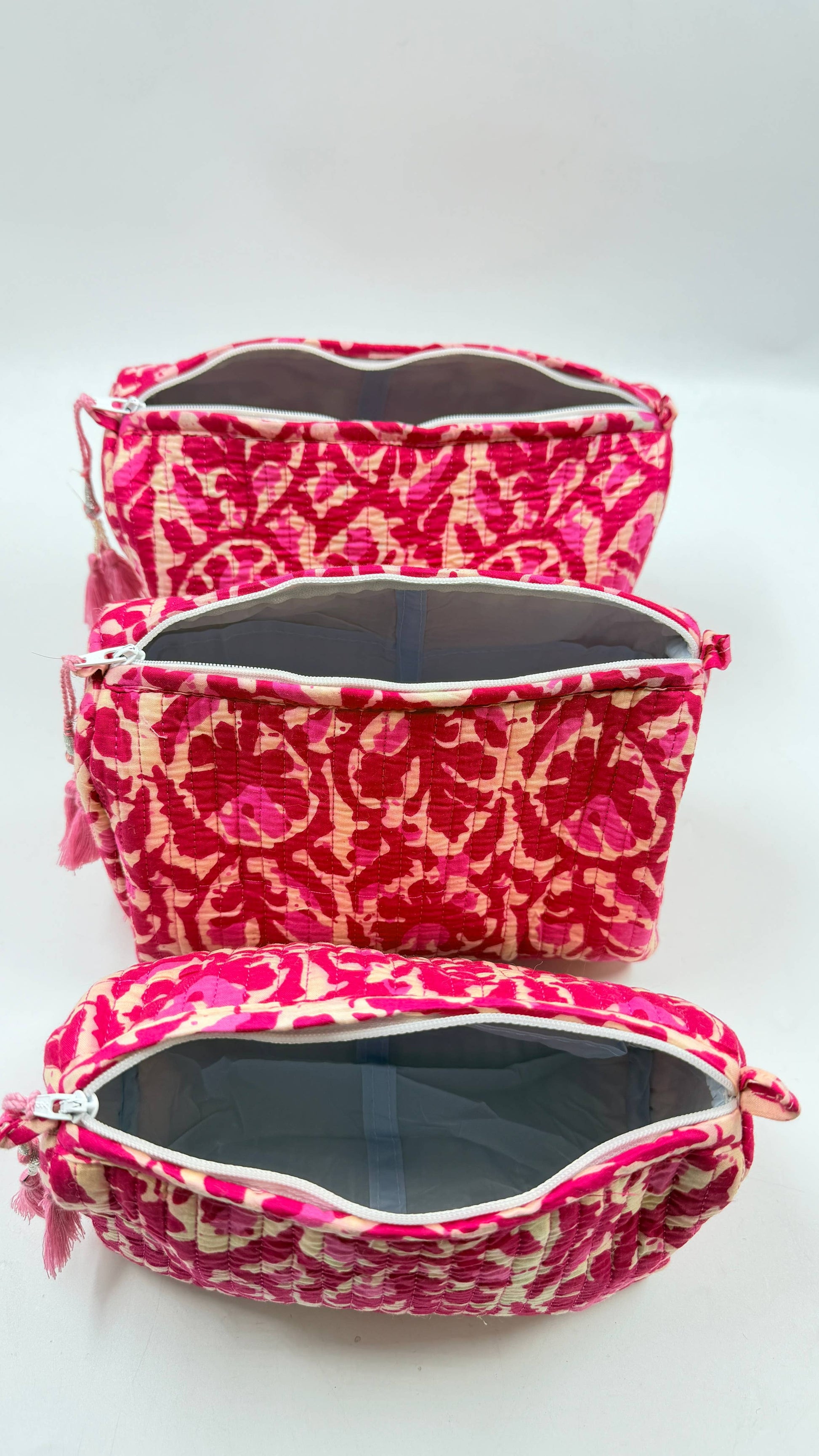 Cerise Pink Cotton Quilted Wash Bags – Set of 3 Makeup & Travel Bags