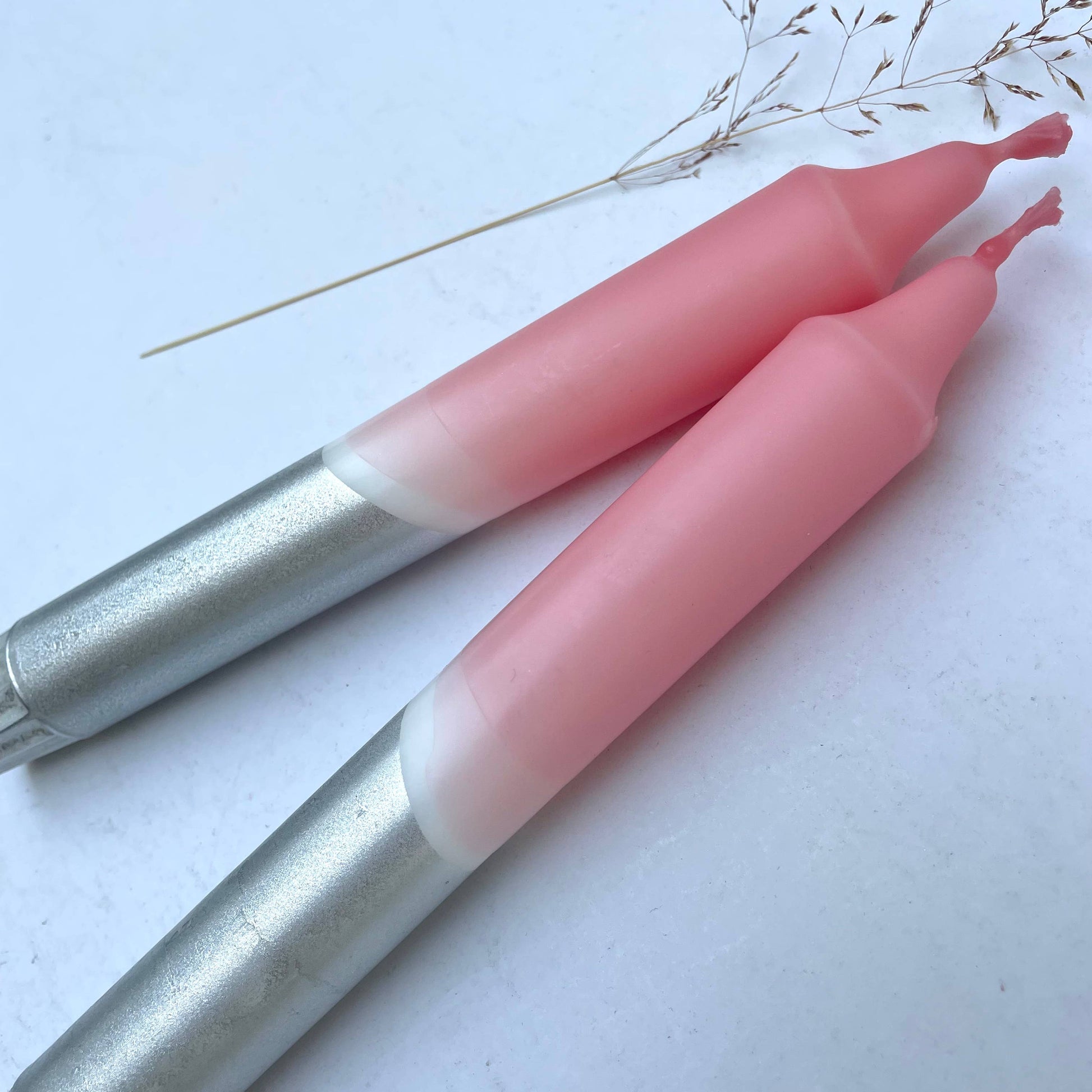 Sherbert Pink & Silver Dip Dyed Dinner Candles