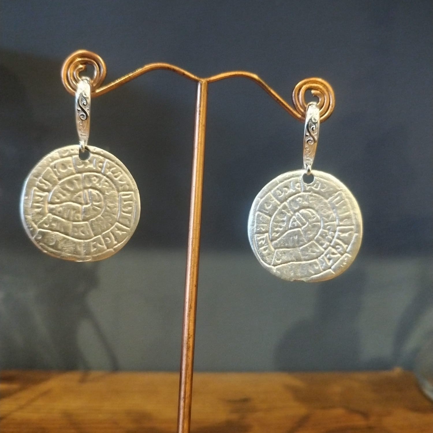 Silver Phaistos Disc Drop Earrings – Handmade in Bristol