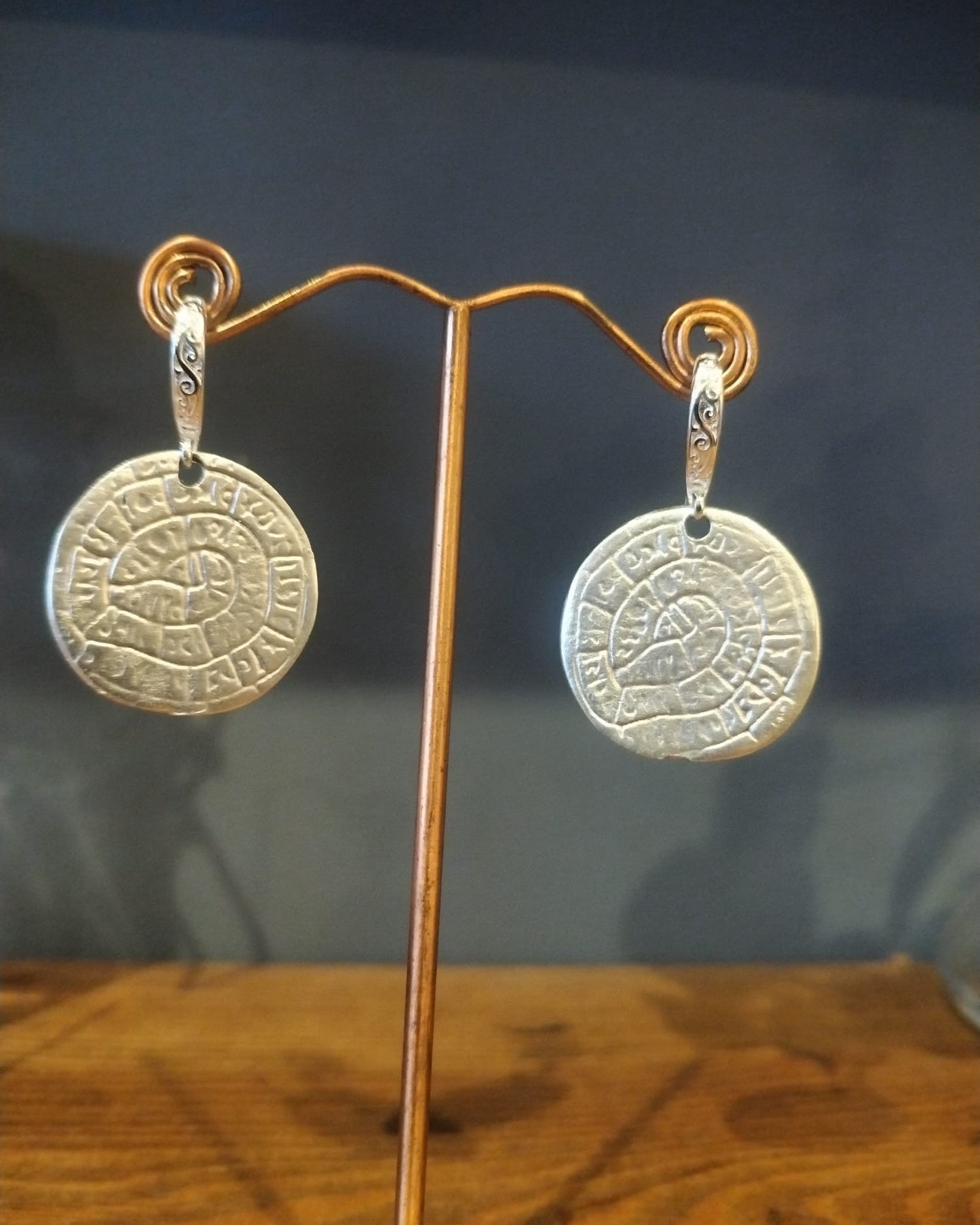 Silver Phaistos Disc Drop Earrings – Handmade in Bristol