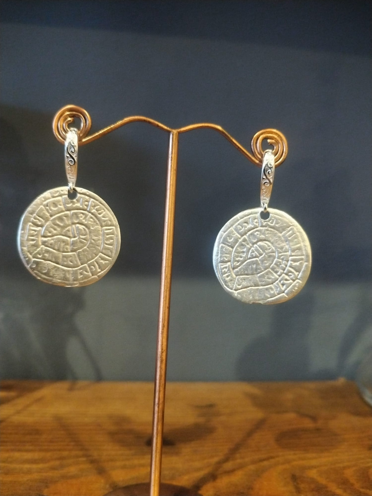 Silver Phaistos Disc Drop Earrings – Handmade in Bristol