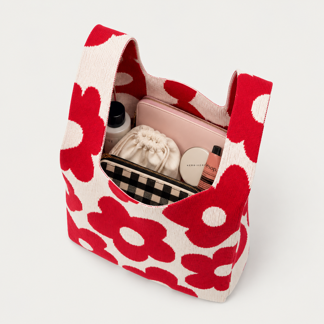 Red Retro Floral Knitted Tote Bag Medium by Tokii