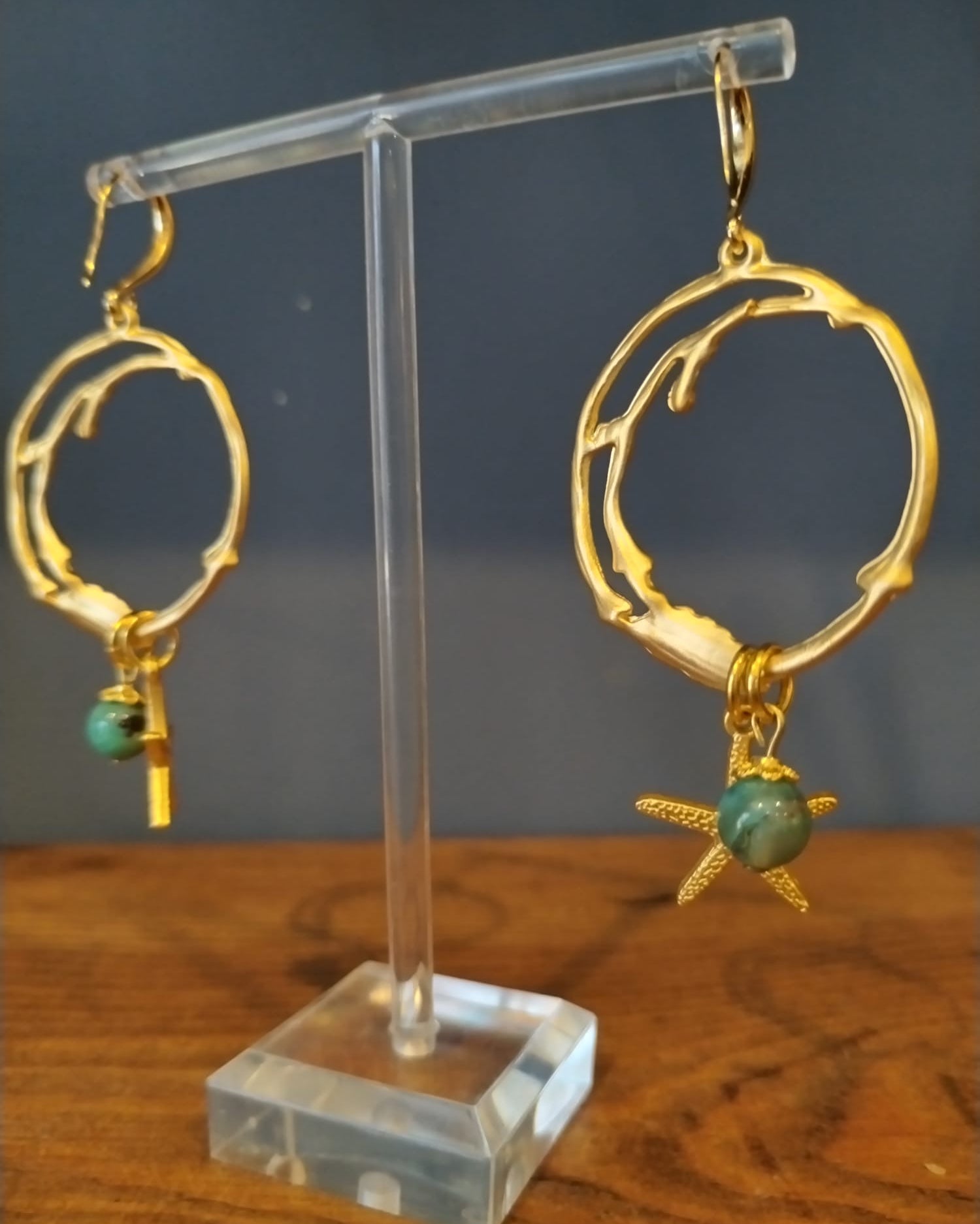 Signature Irregular Gold Hoops – With Africa Opal Beads