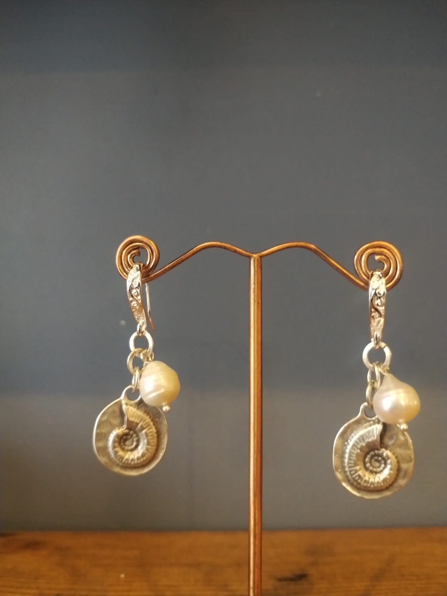 Pearl and Silver Earrings with Ammonite Charm