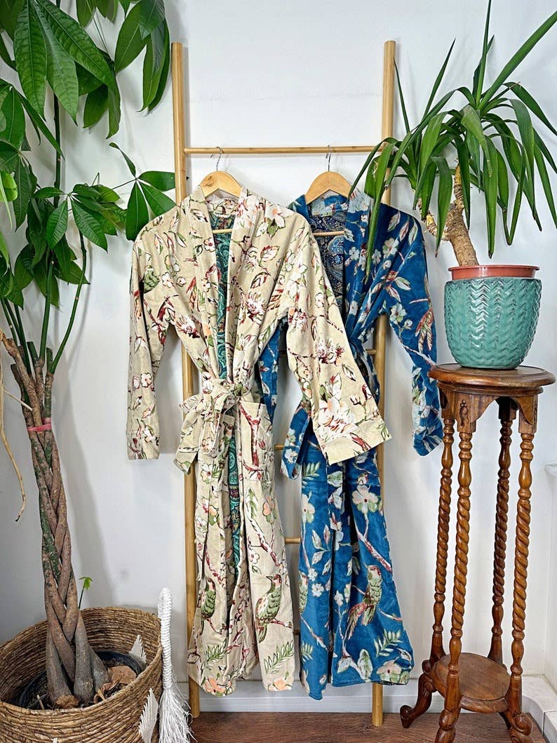 Luxury Velvet  Robe - Elegant Powder Beige Rust Olive