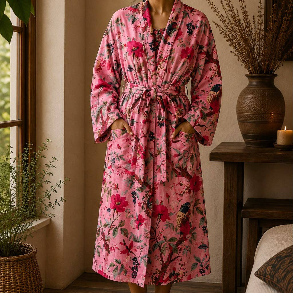 Pink bird of paradise velvet short robe with floral print