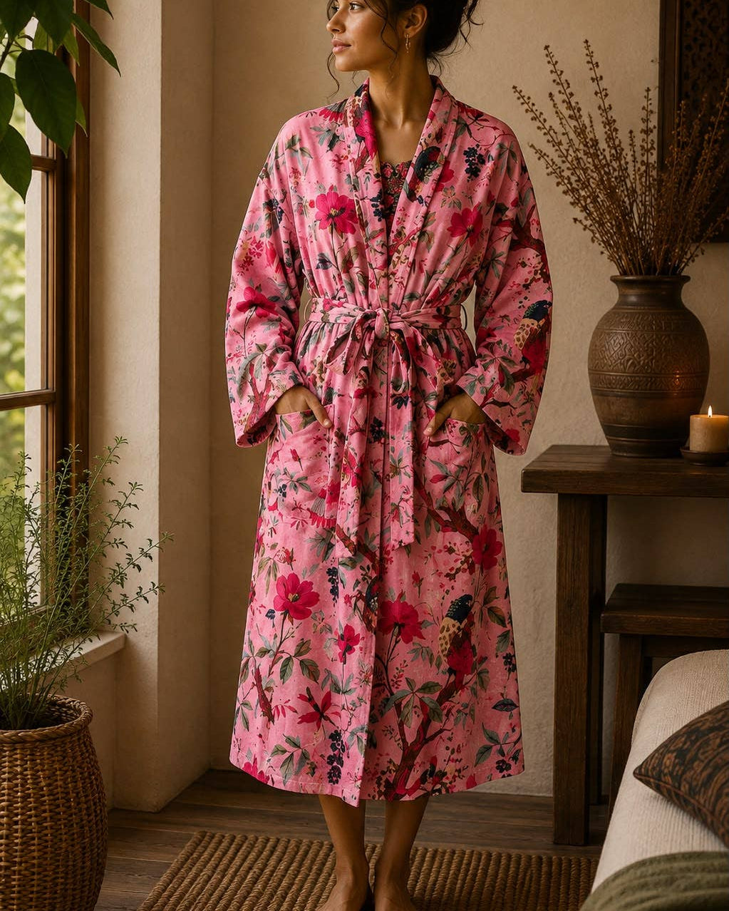 Pink bird of paradise velvet short robe with floral print