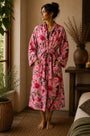 Pink bird of paradise velvet short robe with floral print